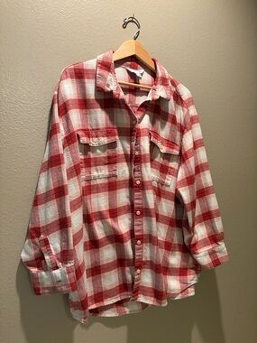 Old Navy Boyfriend Flannel Shirt 3X Plus Red White Plaid Button Down Cotton
